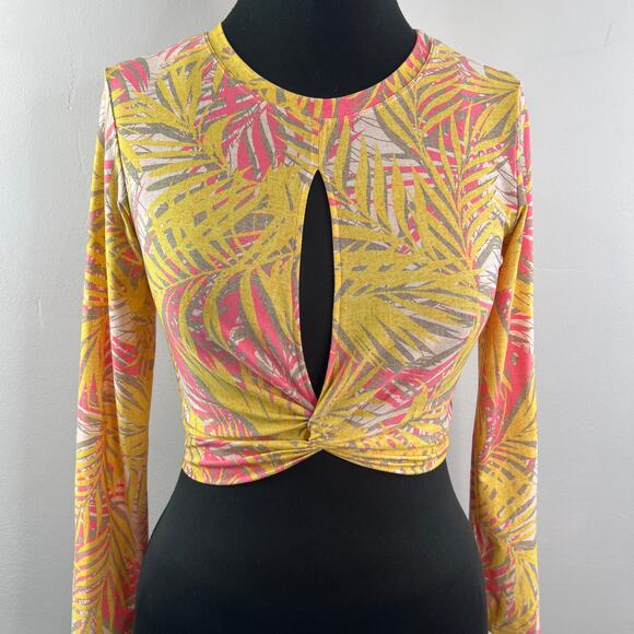 RED CARTER Yellow Pink Top Stretch Tropical Split Front Crew Neck Size Small S - Picture 4 of 12